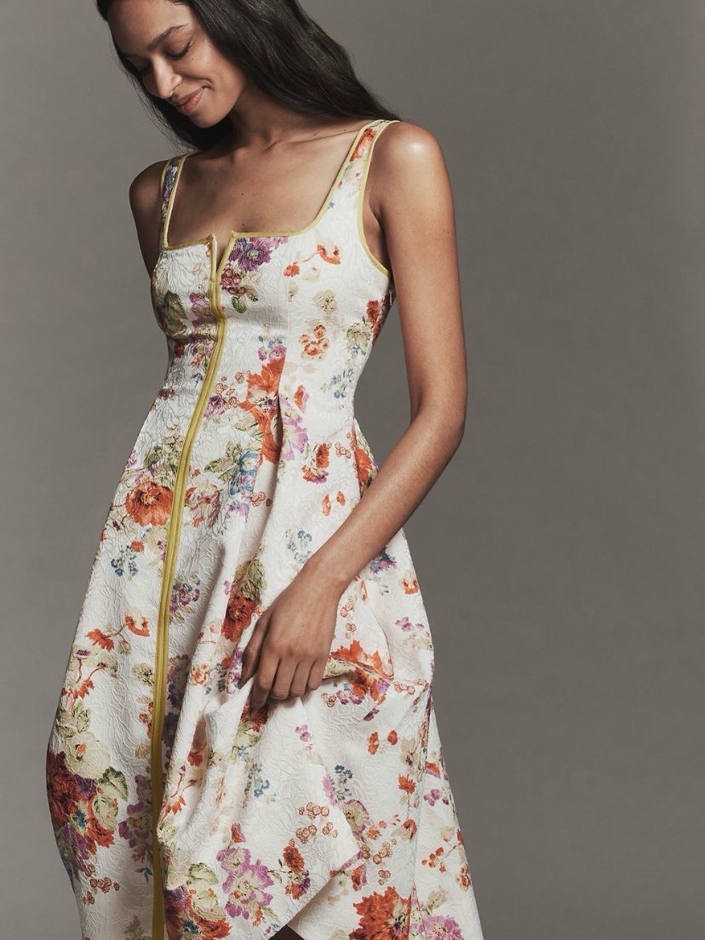 Anthropologie stunning Cream Floral Midi Dress with pockets